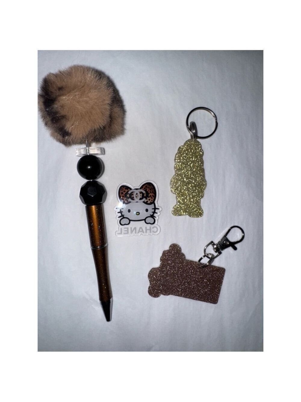 Trendy Accessory Bundle | Faux Fur Pen, Bear Keychain, Acrylic Charm - Picture 3 of 3